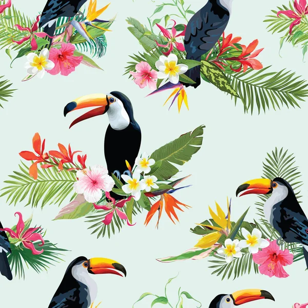 Flores tropicais e pássaros tucano fundo sem costura. Padrão de Verão Retro em Vector — Vetor de Stock