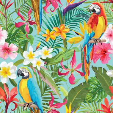 Tropical Flowers and Parrots Seamless Vector Floral Summer Pattern. For Wallpapers, Backgrounds, Textures, Textile clipart