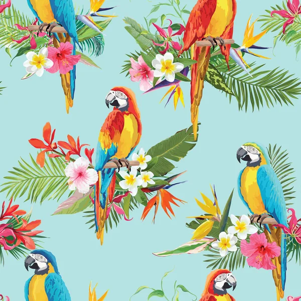 Flores tropicais e pássaros de papagaio fundo sem costura. Padrão de Verão Retro em Vector — Vetor de Stock