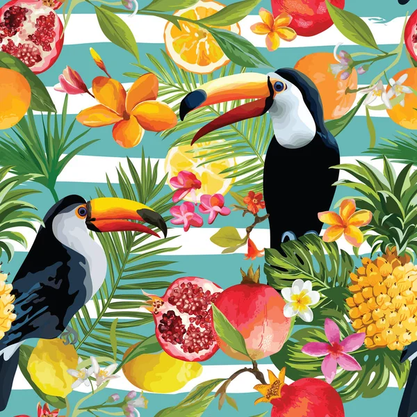 Bezszwowe owoców tropikalnych i Toucan wzór w wektorze. Granat, cytryny, pomarańczowe kwiaty, liście i owoce tło. — Wektor stockowy