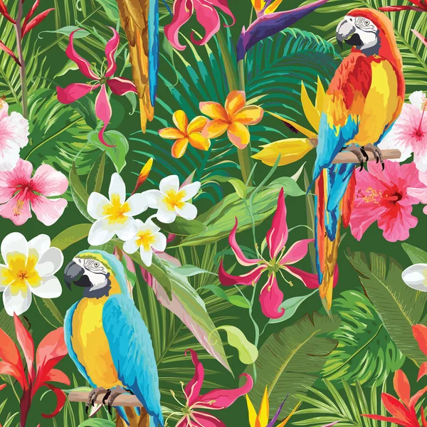 Tropical Flowers and Parrots Seamless Pattern — Stock Vector