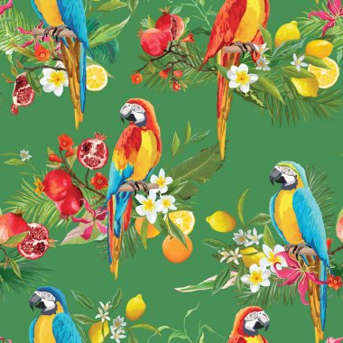 Tropikal meyveler, çiçekler ve papağan kuş sorunsuz arka plan. Retro yaz desen vektör