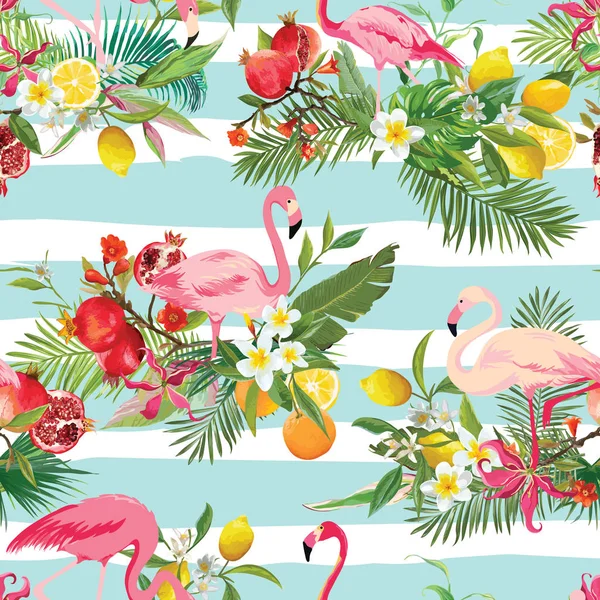 Tropische vruchten, bloemen en Flamingo vogels naadloze achtergrond. Retro zomer patroon in Vector — Stockvector