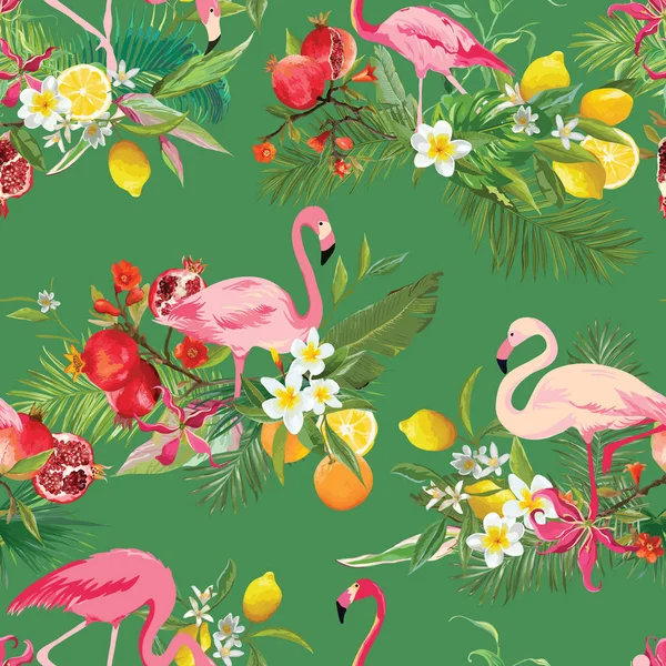 Tropische Früchte, Blumen und Flamingo-Vögel nahtlosen Hintergrund. Retro-Sommermuster im Vektor — Stockvektor