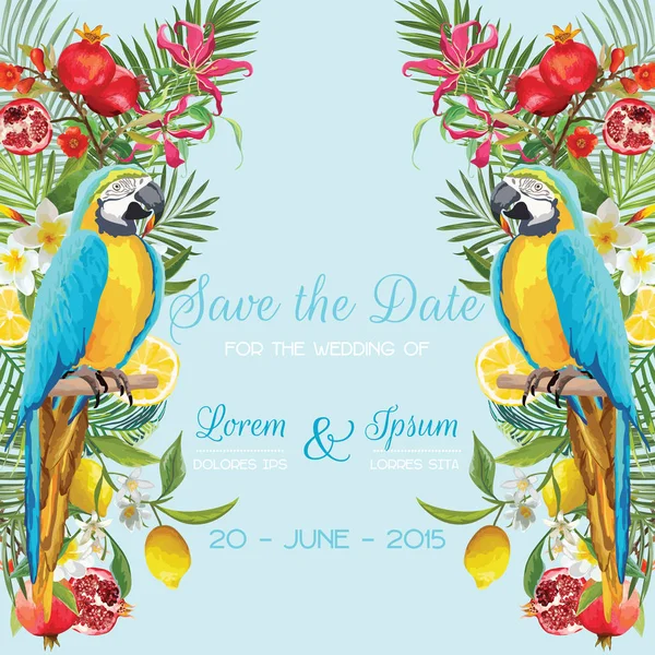 Guarde la tarjeta de la boda de la fecha con flores tropicales, frutas, aves del loro. Fondo floral en vector — Archivo Imágenes Vectoriales