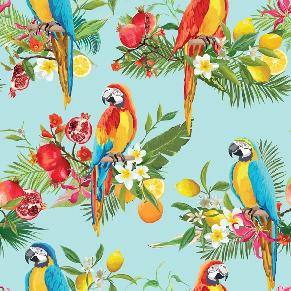 Tropical Fruits, Flowers and Parrot Birds Seamless Background. Retro Summer Pattern in Vector — Stock Vector