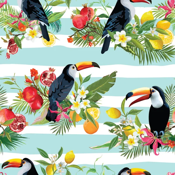 Fruits tropicaux, fleurs et oiseaux toucans Contexte sans couture. Modèle d'été rétro en vecteur — Image vectorielle