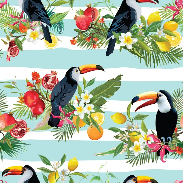 Frutas tropicales, flores y aves tucanas Fondo sin fisuras. Patrón de Verano Retro en Vector — Vector de stock