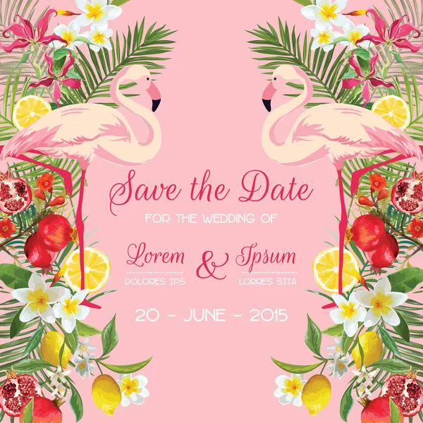 Guarde la tarjeta de la boda de la fecha con flores tropicales, frutas, pájaro flamenco. Fondo floral en vector — Archivo Imágenes Vectoriales