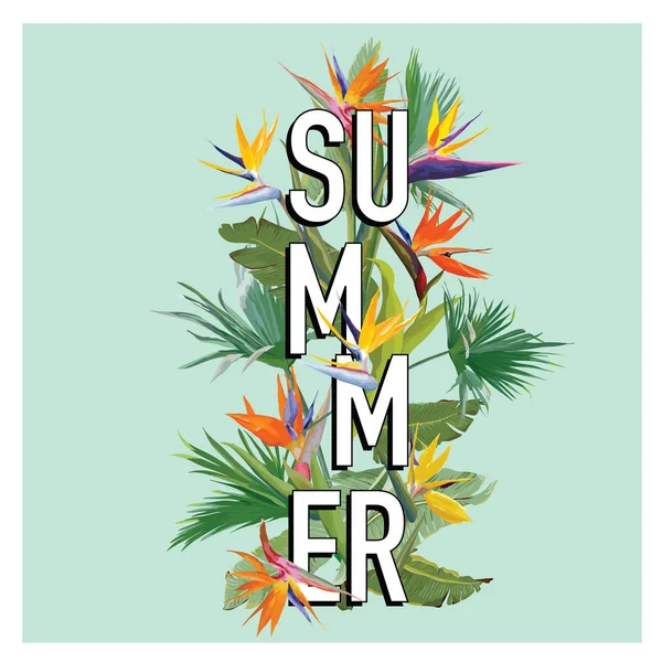 Hojas de palma y flores tropicales Fondo de verano — Vector de stock
