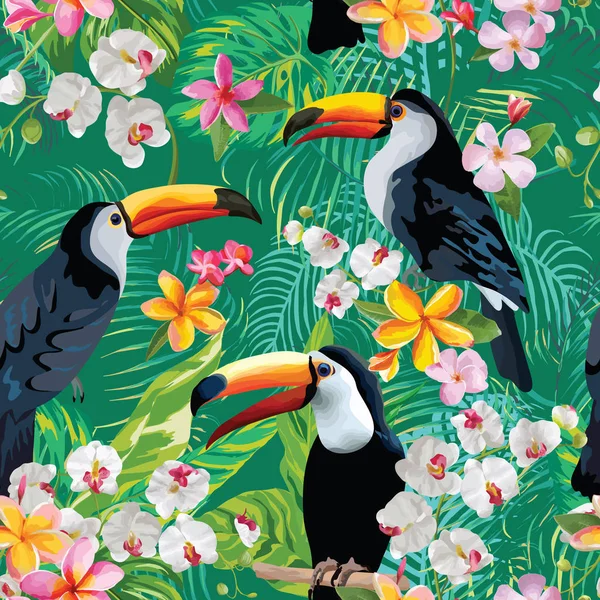 Tropik çiçekler ve Toucan kuşlar arka plan