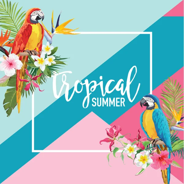 Flores tropicais e papagaio aves verão Banner — Vetor de Stock