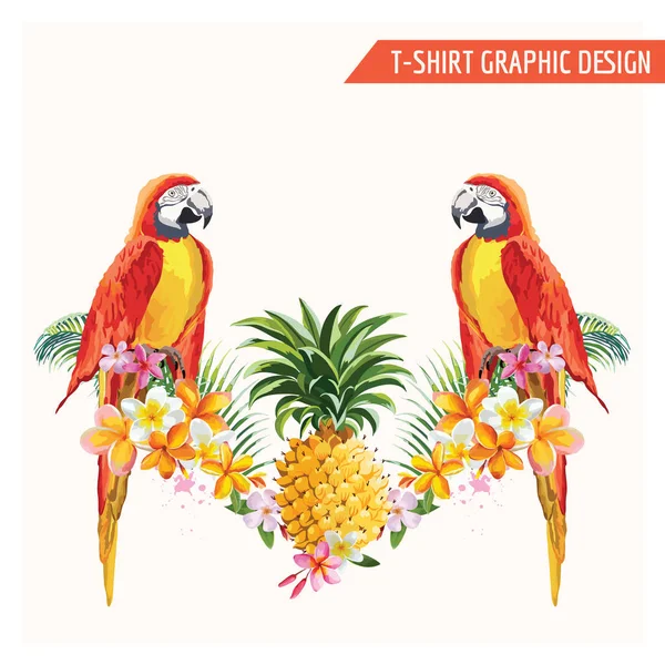 Fiori tropicali e uccelli pappagallo Graphic Design — Vettoriale Stock