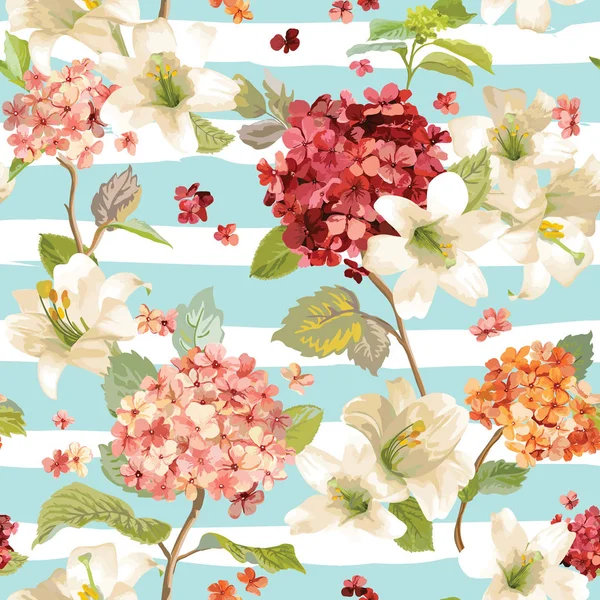 Hortensien und Lilienblüten nahtloser Hintergrund — Stockvektor