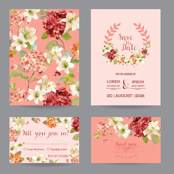 Herbst Vintage Hortensia Blumen Karte für Hochzeit — Stockvektor