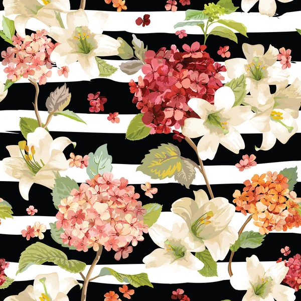 Hortensien und Lilienblüten nahtloser Hintergrund — Stockvektor