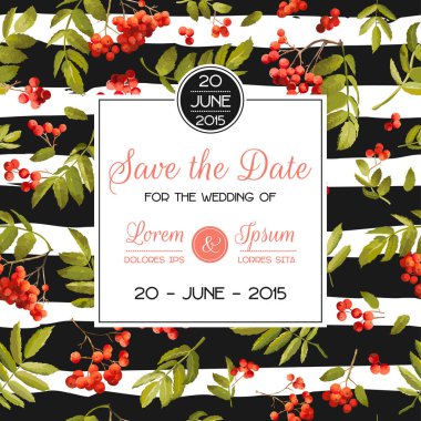 Düğün davet şablonu. Rowanberry ve yaprakları çiçek tebrik kartı. Dekorasyon evlilik parti kutlama için. Vektör çizim