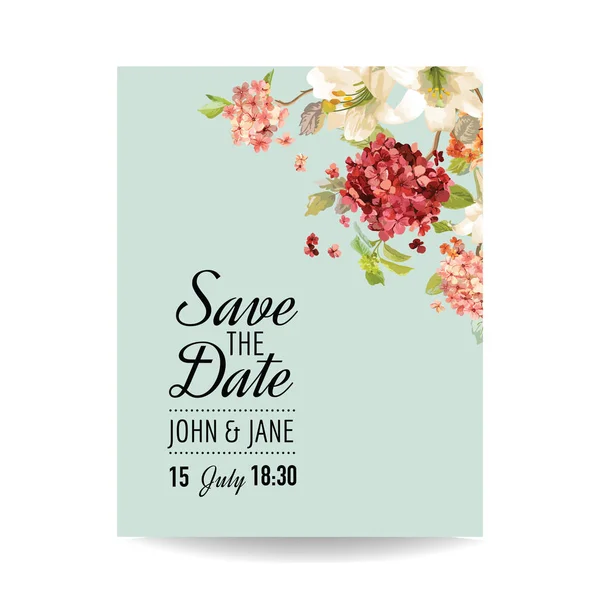 Spara datum kortet med hösten Vintage Hortensia blommor för bröllop, inbjudan, part i vektor — Stock vektor