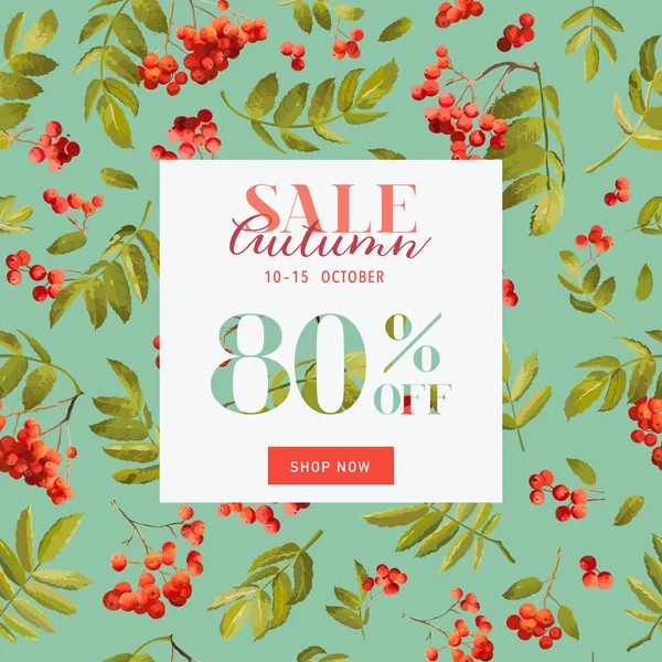 Autumn Sale Floral Banner. Outono fundo de desconto com Rowanberry e Folhas. Ilustração vetorial — Vetor de Stock