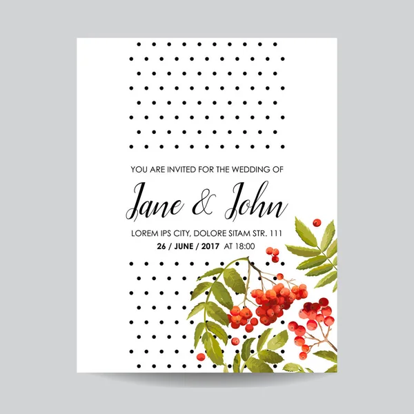 Γάμος πρόσκληση πρότυπο. Floral ευχετήρια κάρτα με Rowanberry και τα φύλλα. Διακόσμηση για την τελετή του γάμου. Εικονογράφηση διάνυσμα — Διανυσματικό Αρχείο