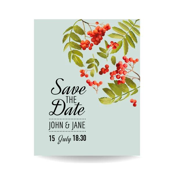 Modelo de convite de casamento. Floral Save the Date Card com Rowan Berry. Decoração para a festa de casamento. Ilustração vetorial — Vetor de Stock