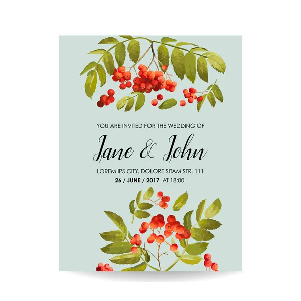 Plantilla de invitación de boda. Floral Save the Date Card con Rowan Berry. Decoración para la celebración de la fiesta de matrimonio. Ilustración vectorial — Vector de stock