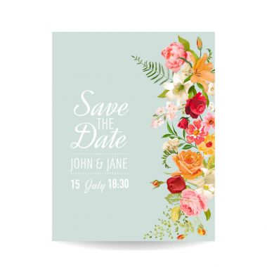 Lily çiçekler ve orkide düğün davetiye kartı. Baby Shower dekorasyon vektör