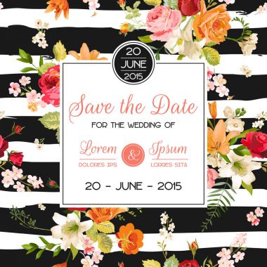 Düğün davet şablonu. Lily ve orkide çiçek çiçek tebrik kartı. Dekorasyon evlilik parti kutlama için. Vektör çizim