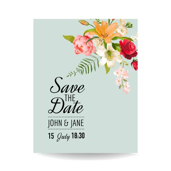 Enregistrer la carte de mariage de date avec des fleurs de lys aquarelle pour invitation, fête de douche de bébé dans le vecteur — Image vectorielle