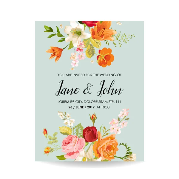Salve o cartão de convite de casamento data com flores de lírio aquarela. Decoração do chuveiro do bebê no vetor —  Vetores de Stock