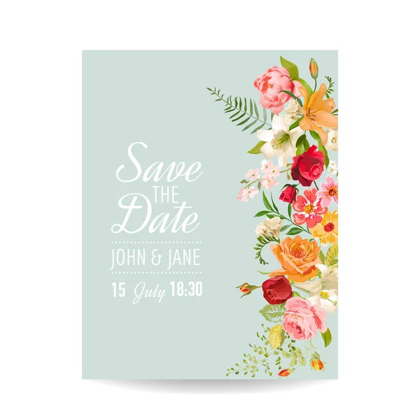 Carte d'invitation de mariage avec fleurs de lys et orchidée. Décoration de douche de bébé dans le vecteur — Image vectorielle