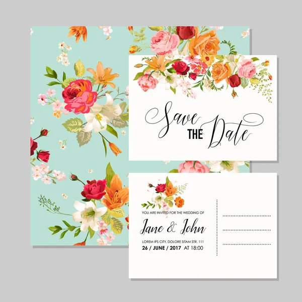 Набор свадебных открыток с цветами Лили и орхидеями. Save the date, Baby Shower Decoration in vector — стоковый вектор