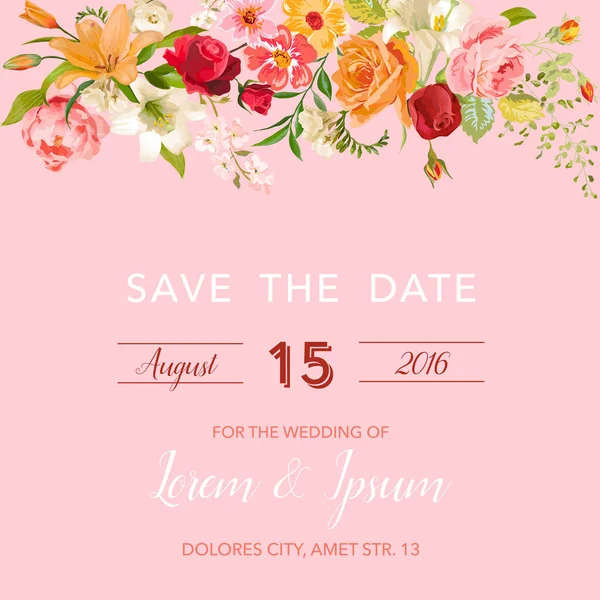 Plantilla de invitación de boda. Floral Save the Date Card with Lily and Orchid Flowers. Decoración para la celebración de la fiesta de matrimonio. Ilustración vectorial — Vector de stock