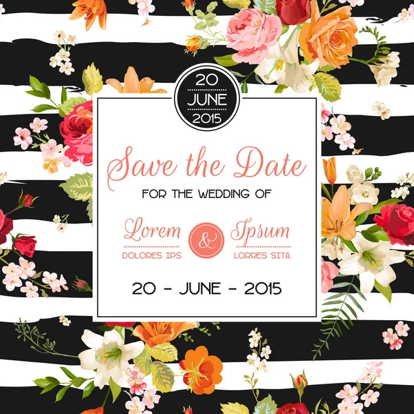 Düğün davet şablonu. Lily ve orkide çiçek çiçek tebrik kartı. Dekorasyon evlilik parti kutlama için. Vektör çizim