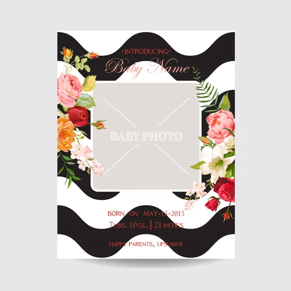 Plantilla de invitación para ducha de bebé. Tarjeta de felicitación Marco fotográfico con flores de lirio y orquídea. Decoración para la celebración de la fiesta del parto. Ilustración vectorial — Vector de stock