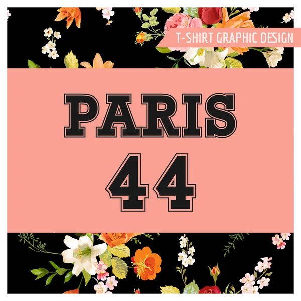 T 恤花巴黎图形与百合和兰花。在矢量秋天自然旅游背景 — 图库矢量图片