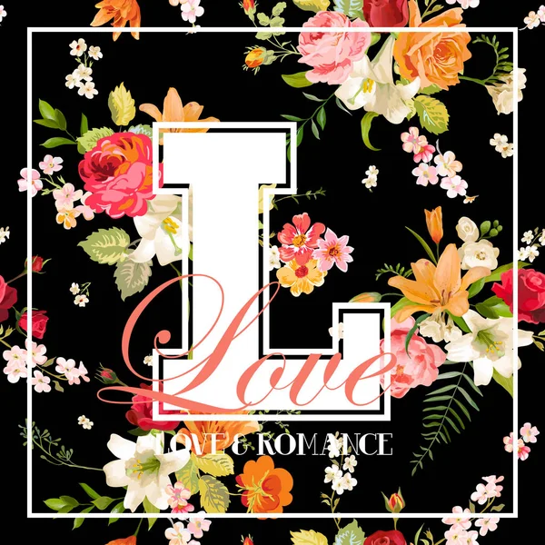 T-shirt Floral Design com Lily Flores e Orquídeas. Romance Natureza fundo no vetor —  Vetores de Stock