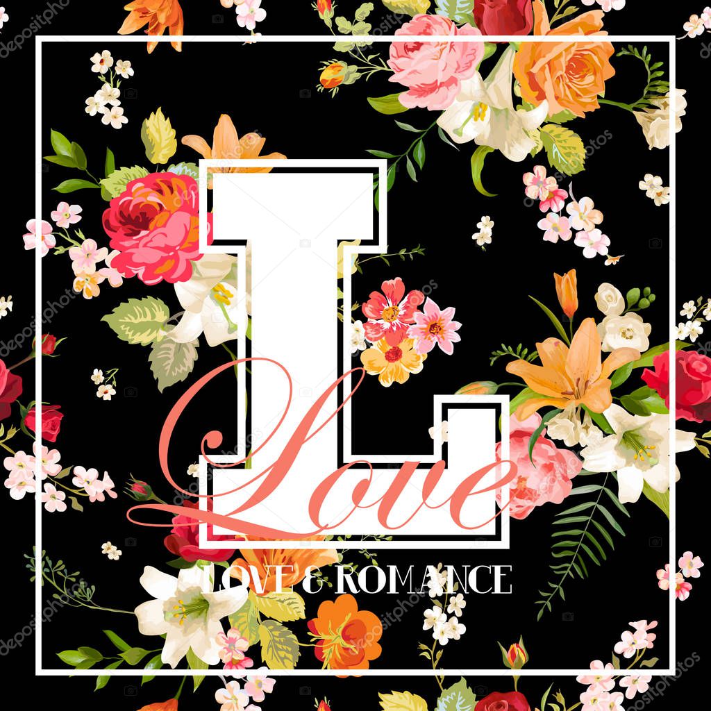 T-shirt Floral Design with Lily Flowers and Orchids. Romance Nature Background in Vector