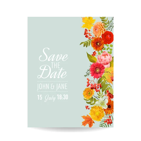 Carte d'invitation au mariage floral avec fleurs d'automne, feuilles et canneberge. Décoration de douche de bébé dans le vecteur — Image vectorielle