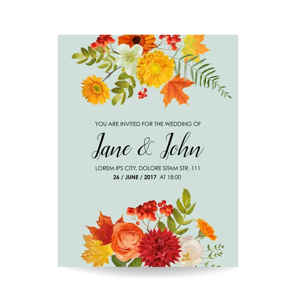 Tarjeta de invitación a la boda floral con flores de otoño, hojas y rowanberry. Decoración de la ducha del bebé en vector — Archivo Imágenes Vectoriales