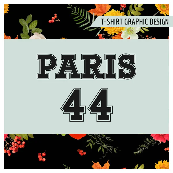 T-shirt Floral Paris grafisk med lönn blad och blommor. Hösten natur resor bakgrund i vektor — Stock vektor