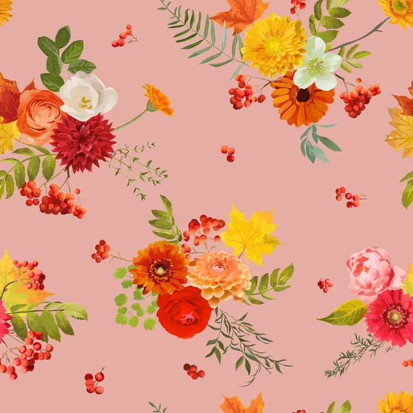 Patrón sin costura de otoño Nture. Fondo floral con hojas de arce y flores en vectores — Archivo Imágenes Vectoriales