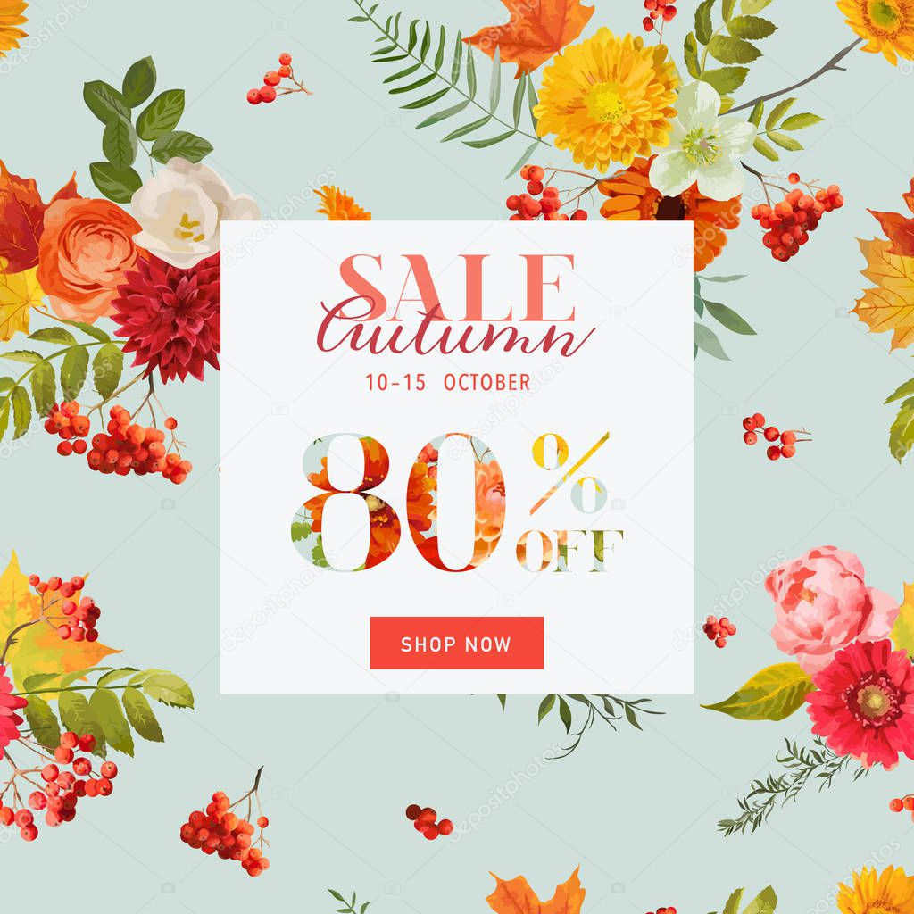 Autumn Sale Floral Banner with Maple Leaves. Fall Discount Background. Vector illustration