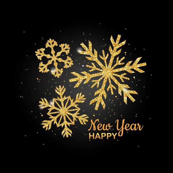 Golden Glitter Snowflake Feliz Año Nuevo Tarjeta de felicitación para su invitación, Banner, Calendario en vector — Vector de stock