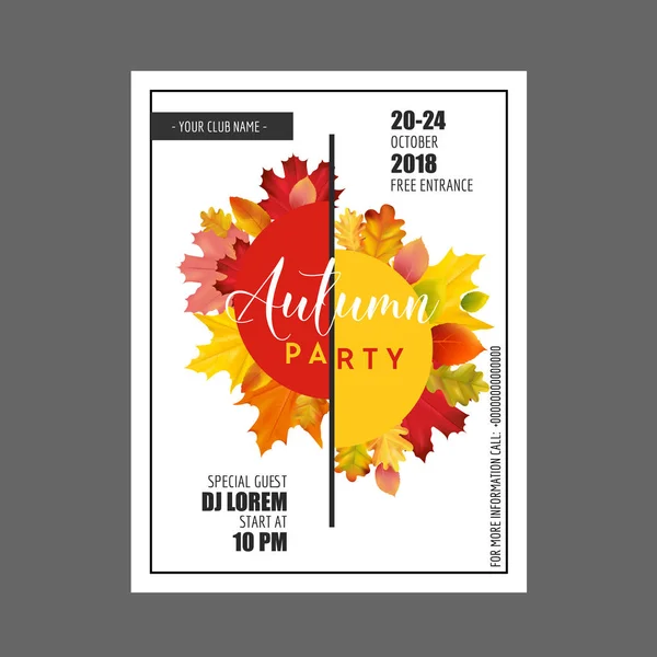 Tarjeta colorida, pancarta, invitación de volante y publicidad con hojas de otoño en vector con lugar para texto — Vector de stock