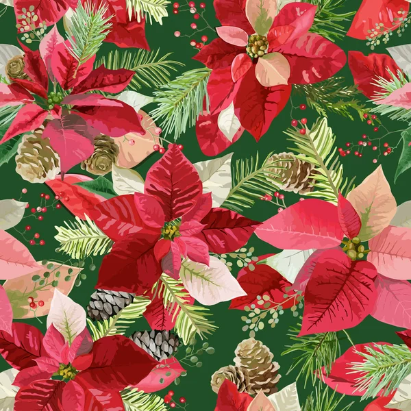 Noël hiver Poinsettia fleurs fond sans couture, motif floral imprimé dans le vecteur — Image vectorielle