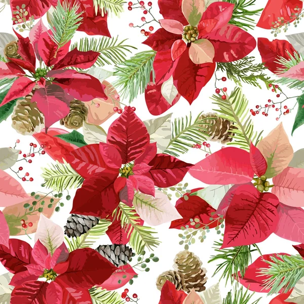 Christmas Winter Poinsettia Flowers Seamless Background, Floral Pattern Print in vector — Stock Vector