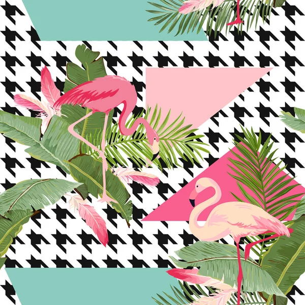 Seamless Tropical Flowers and Flamingo Pattern — Stock Vector