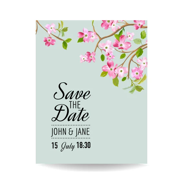 Guardar la tarjeta de fecha con flores de cereza de primavera para la boda, Invitación, Fiesta, RSVP en vector — Archivo Imágenes Vectoriales