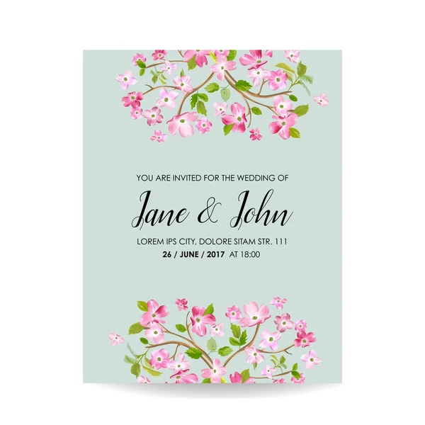 Salvar o cartão de data com flores de cereja da primavera para casamento, Convite, Festa, RSVP no vetor — Vetor de Stock